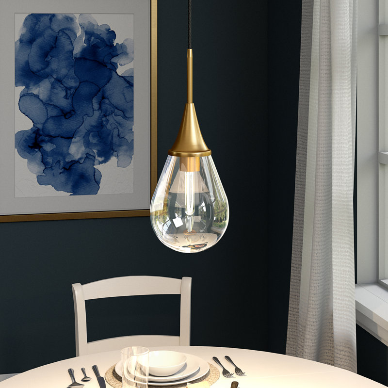 Luminaire suspendu en forme de goutte à 1 lumière Hoye, Laiton, Transparent, H 19,12 po x l 7,63 po x P 7,63 po