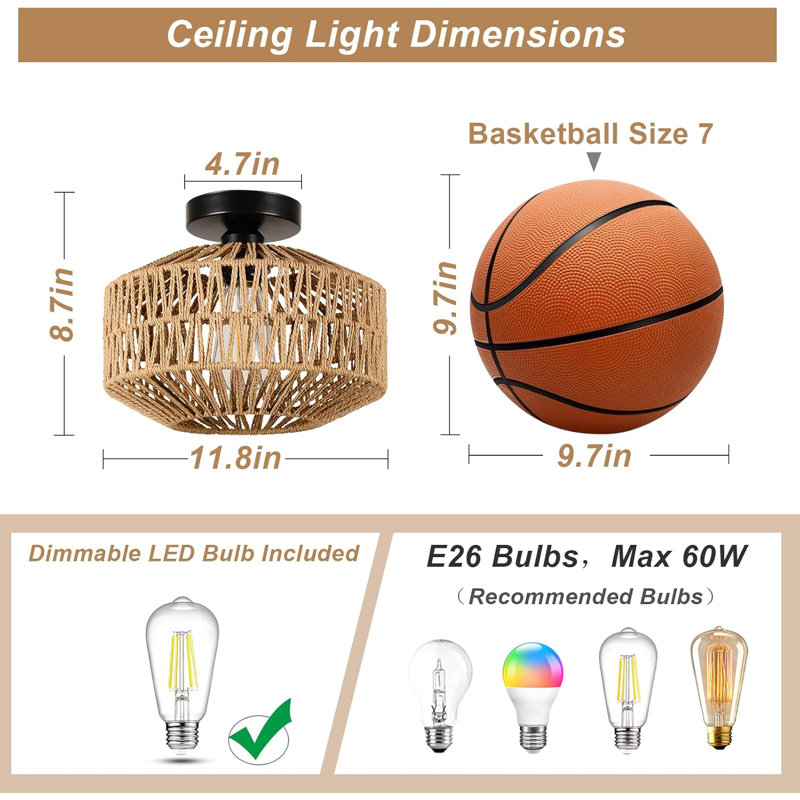Boho Light Fixtures Ceiling Mount Mini Rattan Chandelier Light Fixture With Dimmable LED Bulb Hand Woven Ceiling Light Fixtures Flush Mount