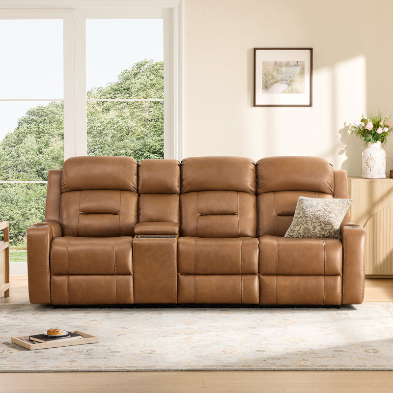 Olathe Genuine Leather Dual Motor Power Reclining Lay Flat Sofa With Power Headrest, Saddle