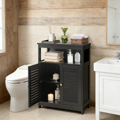 Freestanding Wooden Storage Cabinet With Louver Doors & Removable Shelf, Black