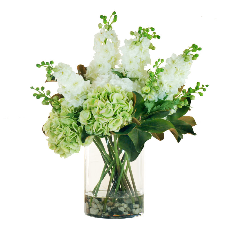 Faux Hydrangea & Delphinium Floral Arrangement in Vase