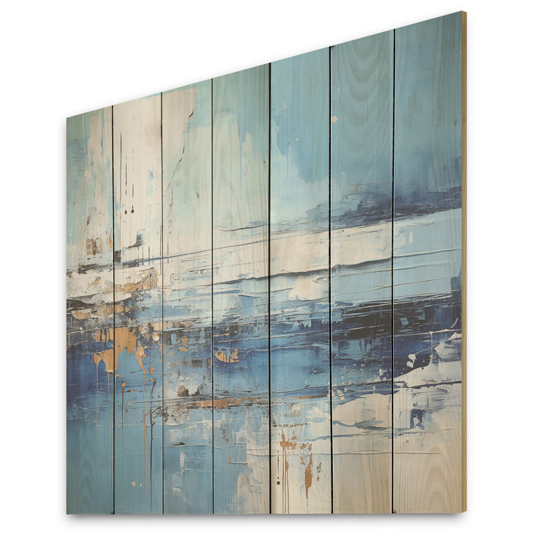 «Blue and Beige Tranquility Beach III» - minimalisme côtier sur bois, H 15 po x l 15 po