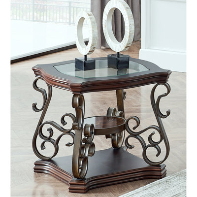 Table de bout, plateau de table en verre, tablette centrale en panneau de fibres à densité moyenne et papier marbré, pieds en métal thermolaqués. (L 26,3 po x l 26,3 po x H 24 po)