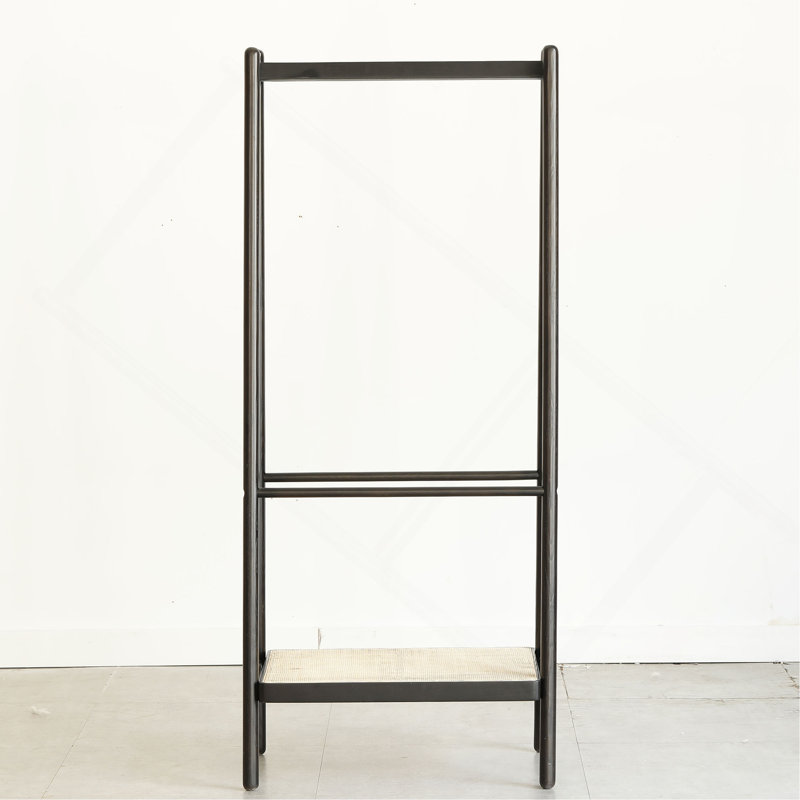 (Noir) Portant à vêtements en bois de chêne massif, portemanteau en rotin noir avec portemanteaux