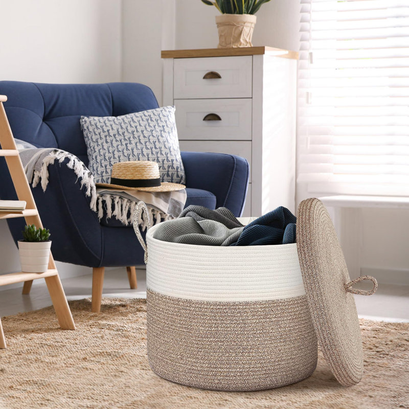 18" X18“ X 14" Large Storage Basket With Lid, Blanket Basket Living Room