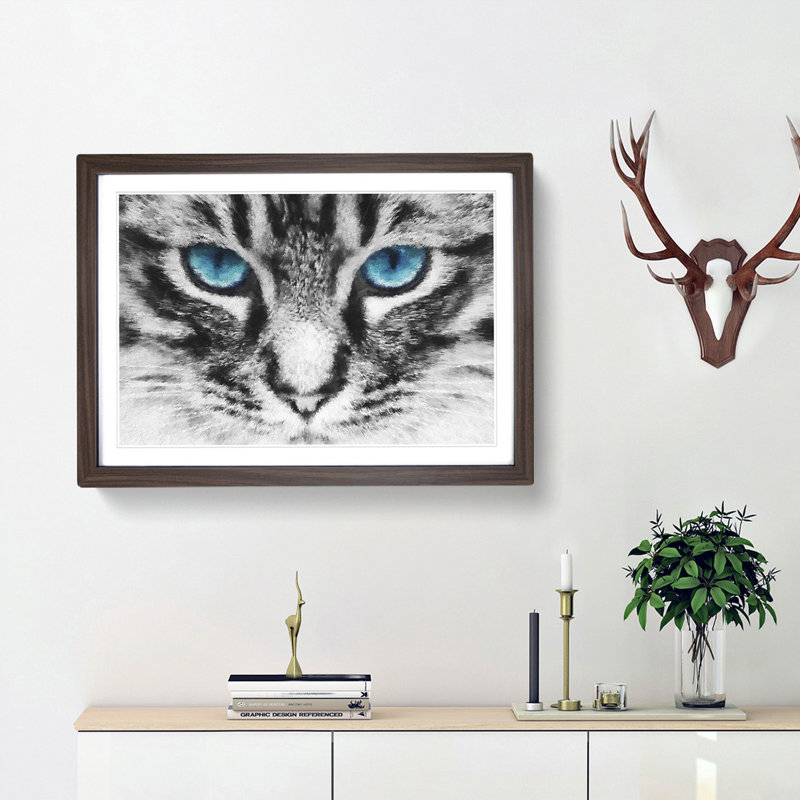 Bright Blue Cat Eyes Painting - Single Picture Frame Print on MDF, 62cm H x 87cm W x 2cm D, Black