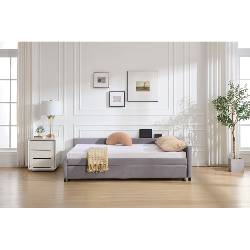Upholstered Daybed With Trundle,Sturdy Wooden Bed Frame, Modern Diamond Grid Design,For Bedroom, Guest Room (Grey), Gray