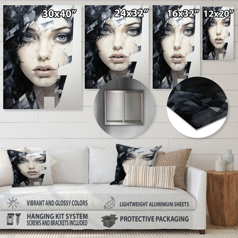 «Black and White Marble Woman Beauty I - Abstract Portraits», art mural en métal, H 40 po x l 30 po x P 1,5 po