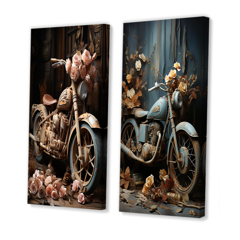 «Rustic Adventure Flower Moto» - ensemble de 2 impressions sur toile, Toile tendue, H 28 po x l 25 po