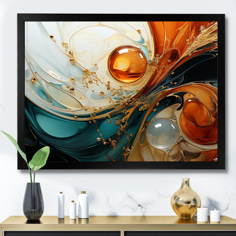 Orange et émeraude marbre lave IV - peinture abstraite, art mural, Cadre d'angle fermé noir, H 34 po x l 44 po x P 1,5 po