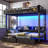 Twin Over Twin Bunk Bed With Storage Shelves And Drawers,Multifunctional Metal Bunk Beds With USB Ports And LED Lights, Lower Bed That Can Be Converted Into A Sofa, Black