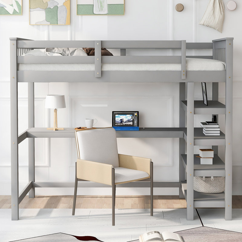 Lit mezzanine avec tablettes de rangement, Lit simple, Gris