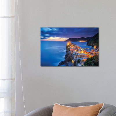 Italy, Vernazza. Overview Of Coastal Town At Sunset. by Jaynes Gallery - Wrapped Canvas Print