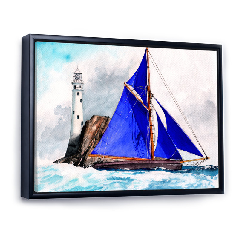 Voilier avec voiles bleues dans une mer orageuse - reproduction sur toile, H 12 po x l 20 po, Toile à cadre flottant noir