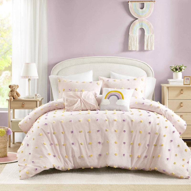 5Pcs Full Comforter , Cotton , Filling, - , Machine Washable, Cloud Ruching Decor Pillows With Design And Comes Comforter, Shams Rainbow Embroidered