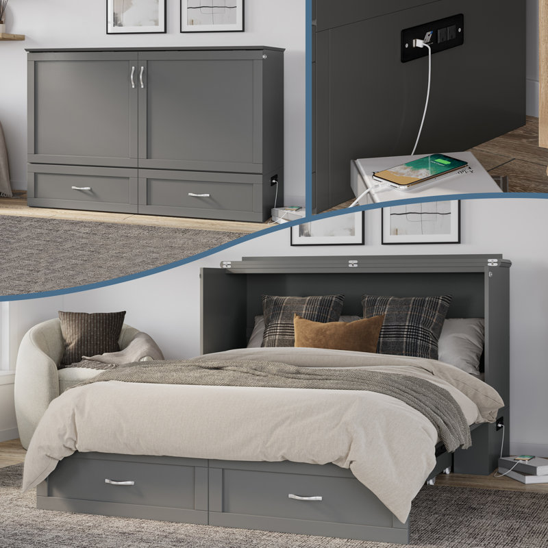 Arrisson Murphy Bed Chest with 6" Mattress, Storage & Built-in Charger, Gray