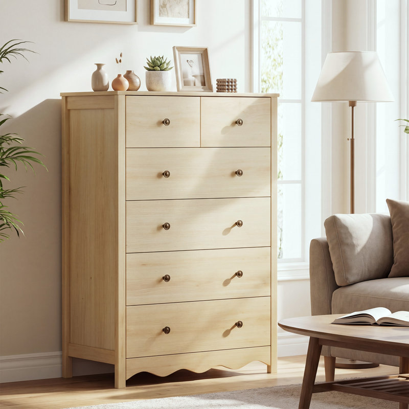 Commode haute 6 tiroirs avec base festonnée, Bois naturel