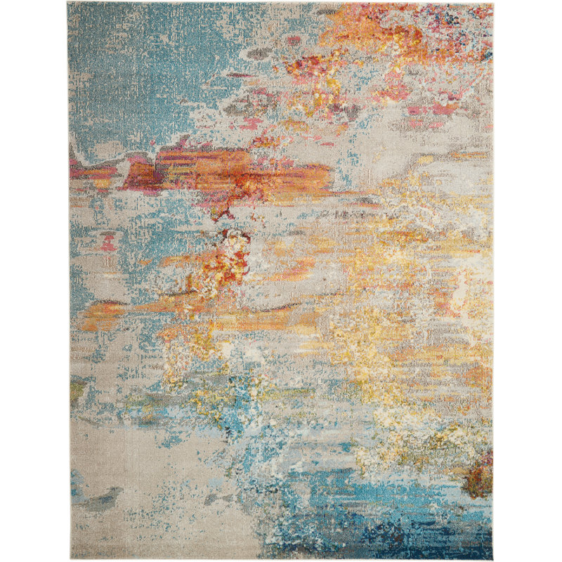 Tapis abstrait bleu / jaune Adrihana, Rectangle 9 pi x 12 pi