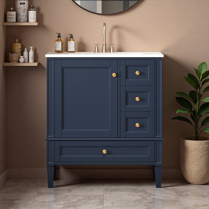 Meuble-lavabo de salle de bain moderne 30 po avec lavabo en céramique, meuble-lavabo à 3 tiroirs et cadre en bois massif