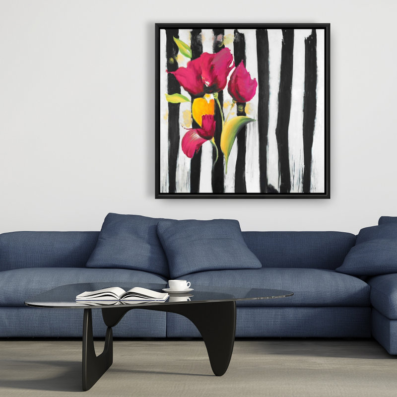 "Fleurs roses sur rayures noires" sur toile