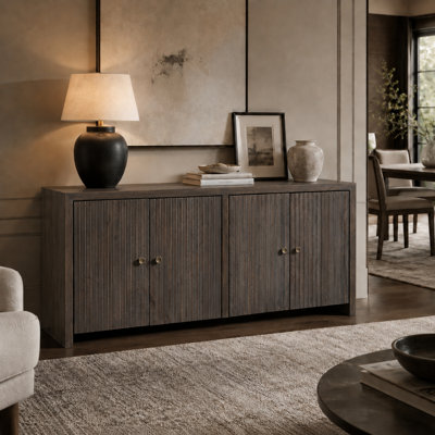 68" Brown 4 Door Solid Wood Media Credenza_Sideboard