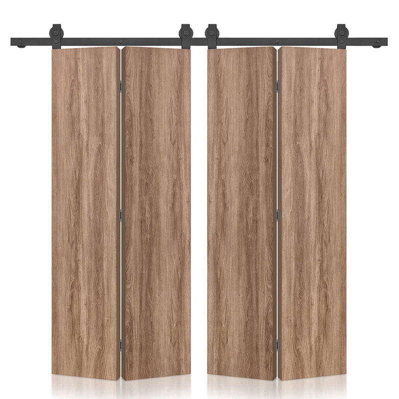 Hollow Core Walnut Composite Texture Double Bi-Fold Door with Sliding Barn Door Hardware Kit, 40'' x 82''