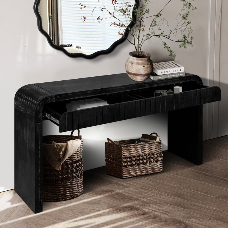 Bureau d'entrée noir antique de 150 cm, design avec tiroirs dissimulés, bois massif +, facile à assembler pour le salon, le corridor et la salle à manger, poignée d'assemblage pour le corridor,
