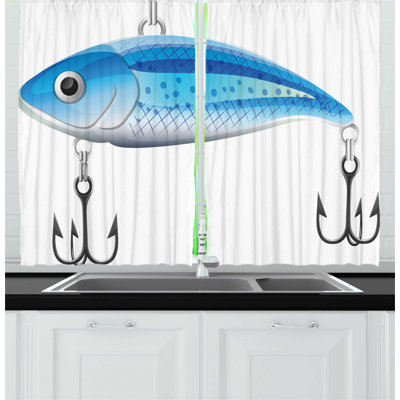 2 Piece Fishing Theme Angling Elements with Artificial Fish Bait with Hooks on Plain Background Kitchen Curtain Set -  East Urban Home, 5DFA45E75E0D4247958060E2AA027C63