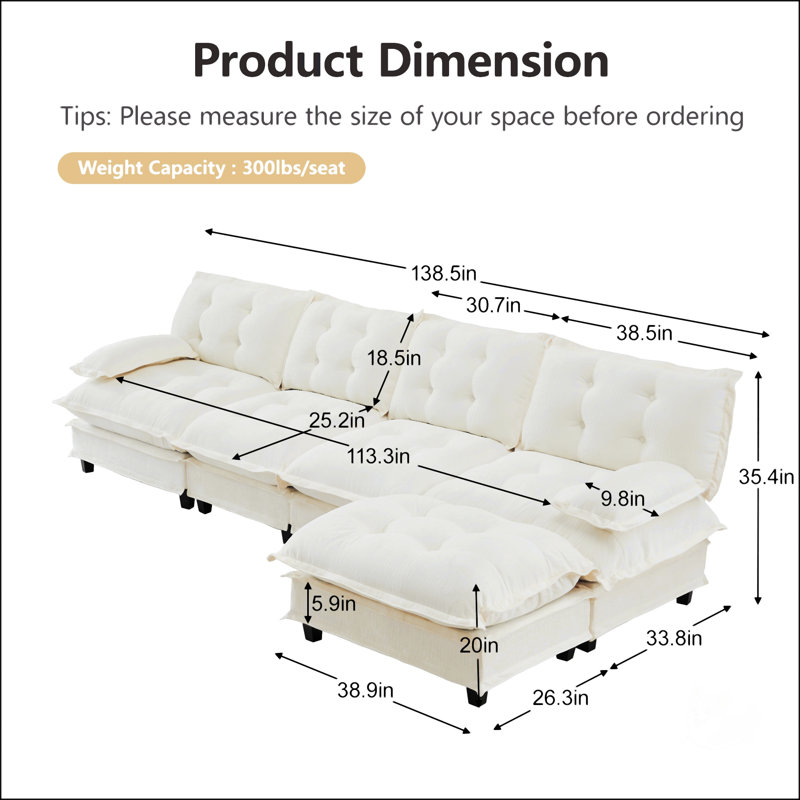 Canapé modulaire en L moderne avec repose-pieds, assise profonde et coussins en chenille confortables pour le salon et la chambre à coucher