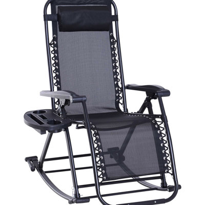 Chaise berçante inclinable pliable à gravité avec coussin, porte-gobelet et téléphone, chaise longue d'extérieur, noire, fabrication en acier - plateau en tissu respirant