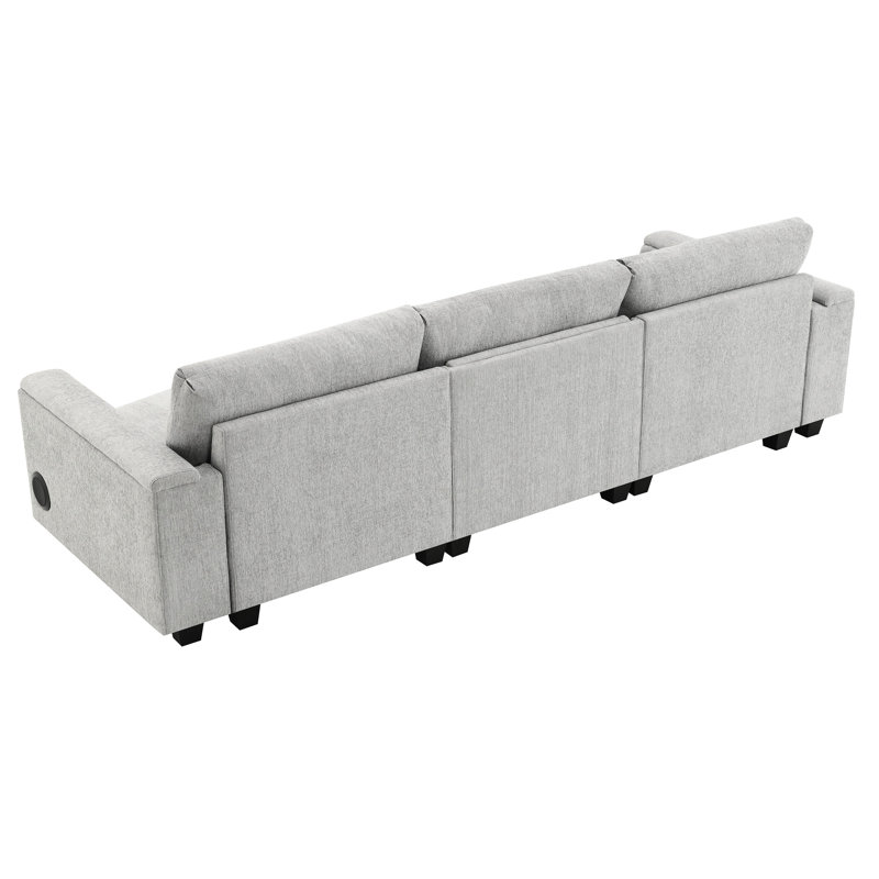 Canapé modulaire multifonctionnel en chenille avec porte-gobelets, rangement pour accoudoirs, bureau rabattable et haut-parleur
