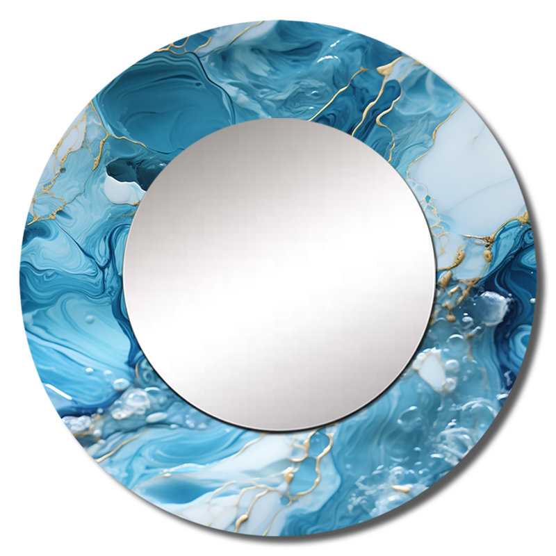 Blue White Oceanic Allure Marble Pattern - marble  Wall Mirror, Blue Round Decorative Mirror, Printed Metal Art, 36" x 36"