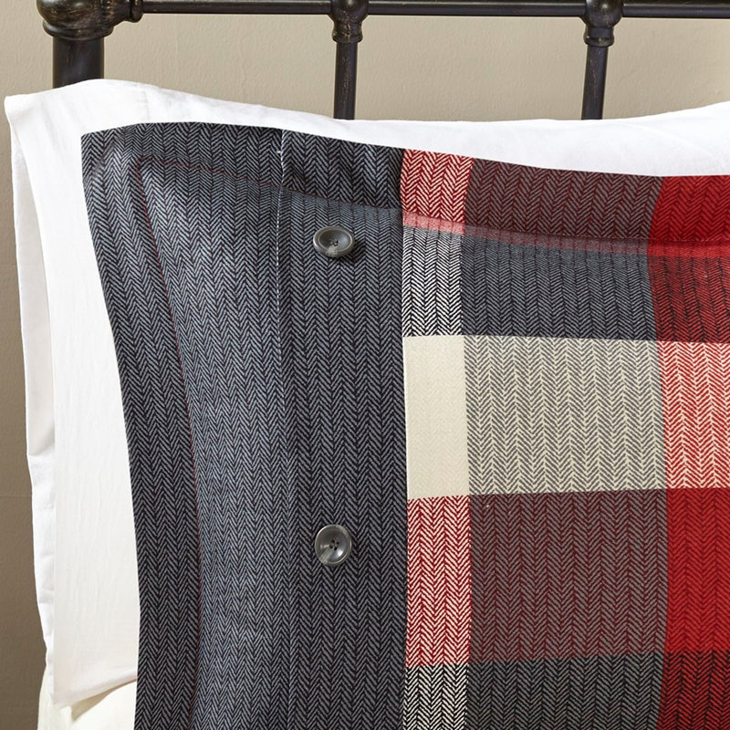 Édredon rouge grand - 7 pièces avec motif à chevrons Buffalo et motif à carreaux avec 3 coussins décoratifs et jupe