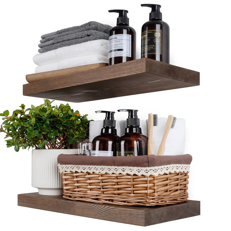 Solid Wood Floating Shelves，Rustic Wooden Wall Shelves, Walnut, 1.25" H x 16" W x 6.7" D