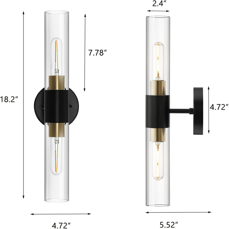 Applique murale moderne 2 lumières avec abat-jour en verre transparent, éclairage de meuble-lavabo industriel pour salle de bain, salon, couloir