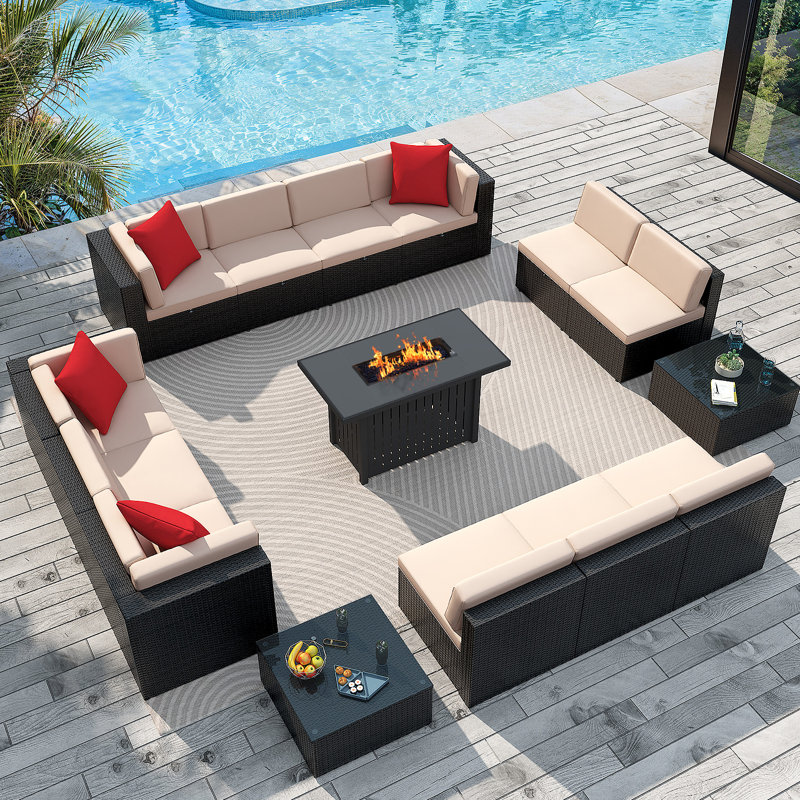 15-Piece 12-Person PE Rattan Outdoor Conversation Set with Fire Pit , Beige