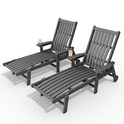 Grey Outdoor HDPE Adjustable Reclining Chaise Lounge Chair With Wheels & Cup Holder (Set of 2)