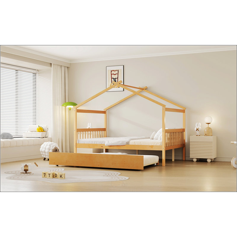 Lit double en bois avec lit gigogne simple, Double, Naturel