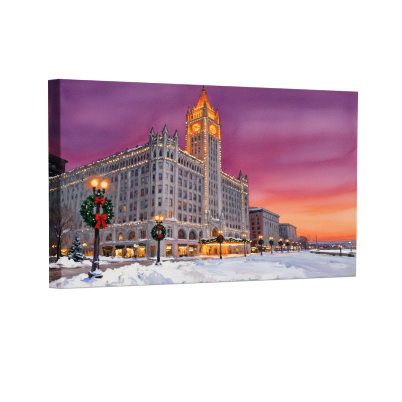 «Christmas Snowy Cityscape Christmas Evening Building Lights», ensemble de 3 impressions murales sur toile, H 20 po x l 30 po
