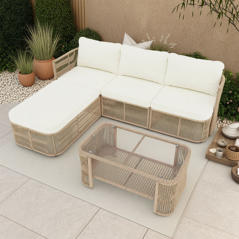 Ensemble de canapé de conversation pour patio en rotin en PE avec structure en fer antirouille, coussins, table basse en verre et tablette