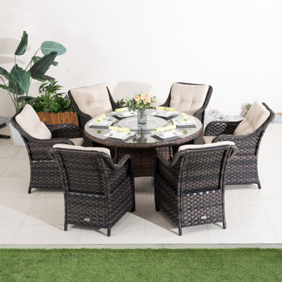 6 - Person Wicker Patio Dining Set With Round Table , Cushions Included