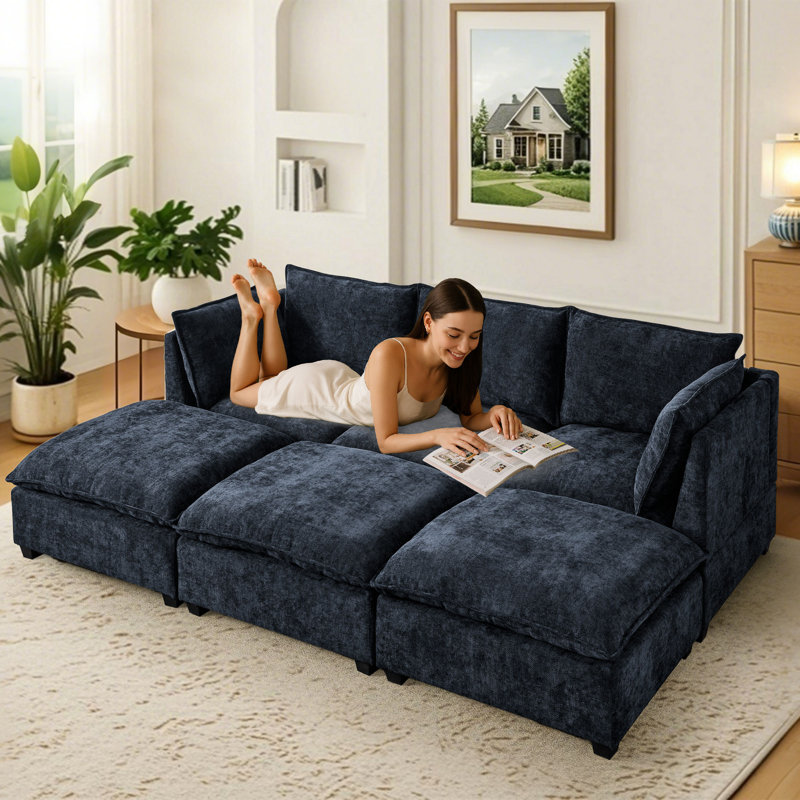 Canapé modulaire avec 3 repose-pieds Belandina, Chenille bleu marine