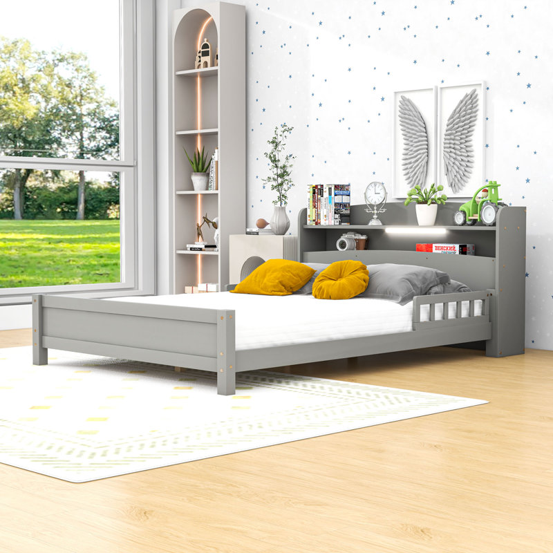 Lit plateforme en bois avec tête de lit et détecteur de mouvement à DEL, gris, Complète