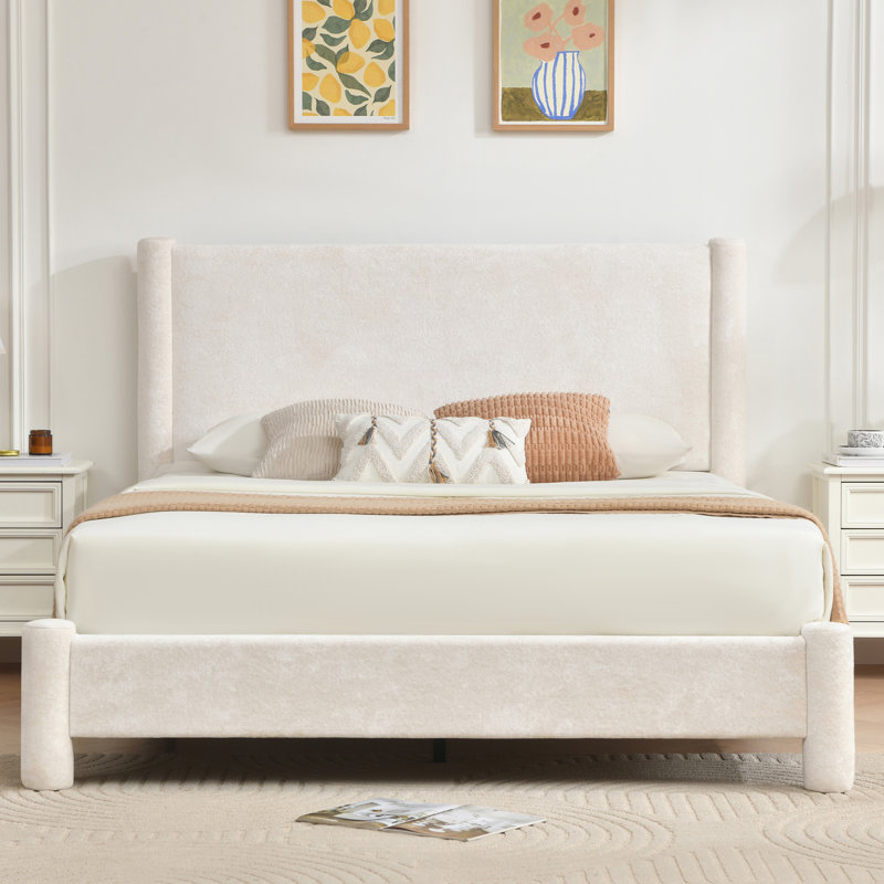  Wauseon Luxury Post Upholstered Bed with Fluffy Velvet, Soft Rounded Corners, No Box Spring Required, Easy Assembly, White