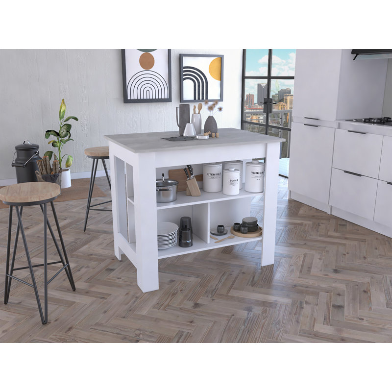 Kitchen Island, Four Legs, Three Shelves, White/Gray