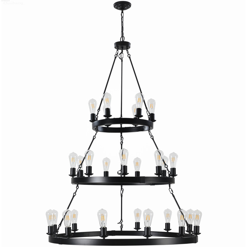 Grand luminaire suspendu de style rustique avec lustre en roue de chariot à 3 niveaux 27 lumières noir mat