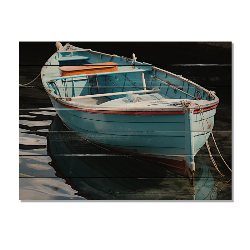 Impression de bateau de pêche bleu et rouge - Bateau de pêche sur bois, H 24 po x l 32 po x P 0,78 po