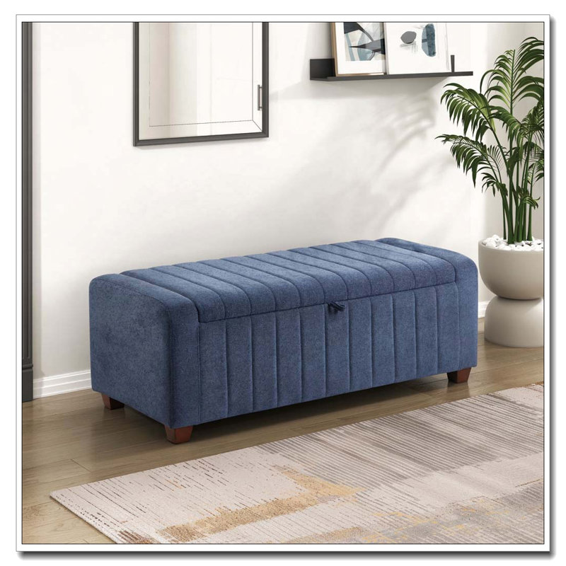 Boucle Upholstered Bench Flip Top Storage Bench,Solid Wood Legs, Blue