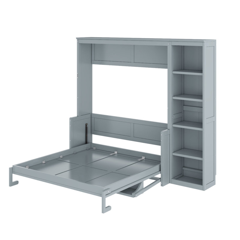 Lit double pleine grandeur gris avec bureau et bibliothèque, construction en pin fiable, pliable pour maximiser l'espace confortable, multiples options de rangement, pas de sommier à ressorts