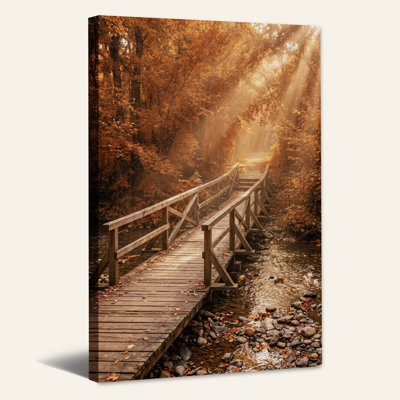 Impression sur toile, "Wooden Bridge Over Stream in Autumn Forest"
